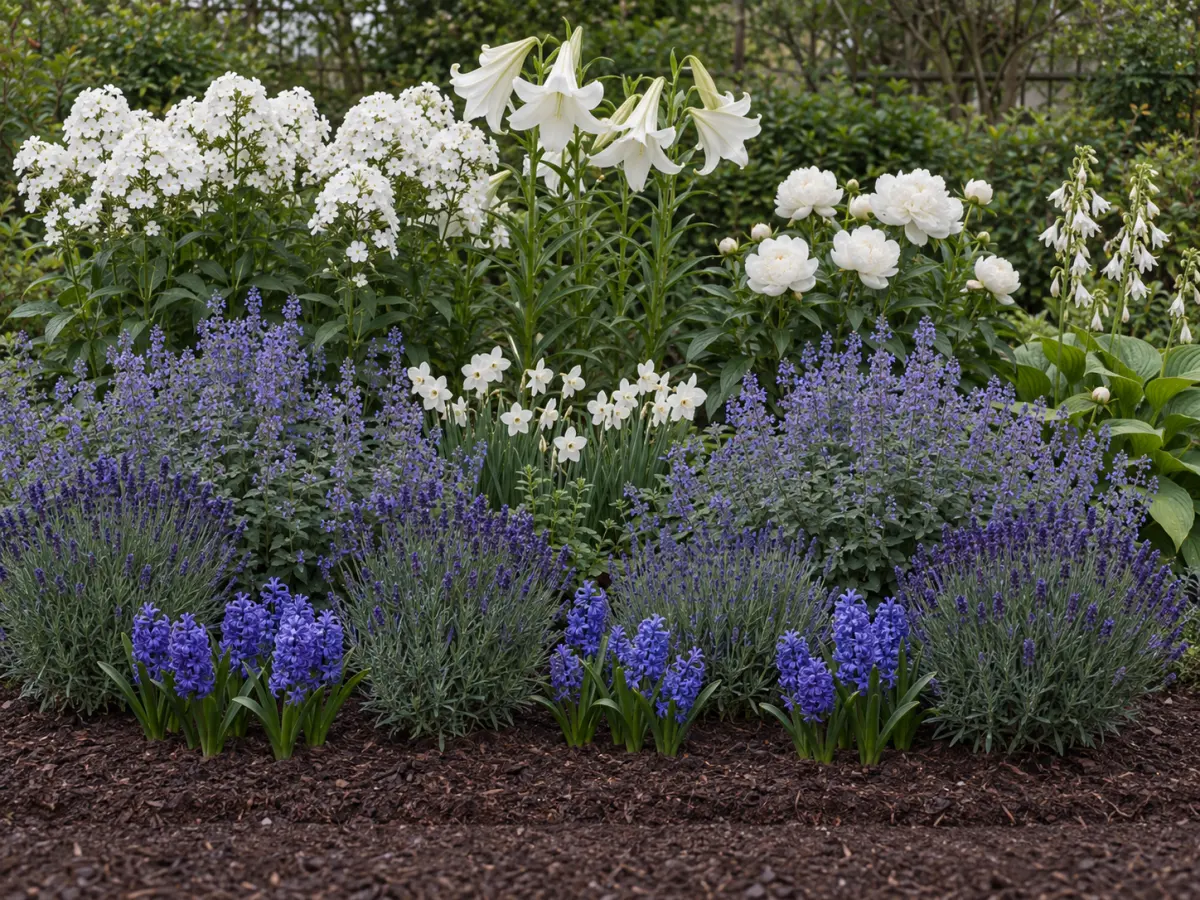 AI-bild av Doftrabatten i full blom: vit flox, kungsliljor och pion bakom lavendel och kantnepeta.