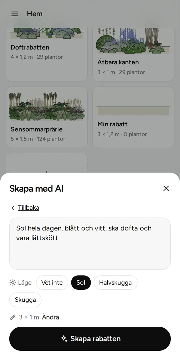 Skapa med AI: en beskrivning av rabatten och valet sol, halvskugga eller skugga.