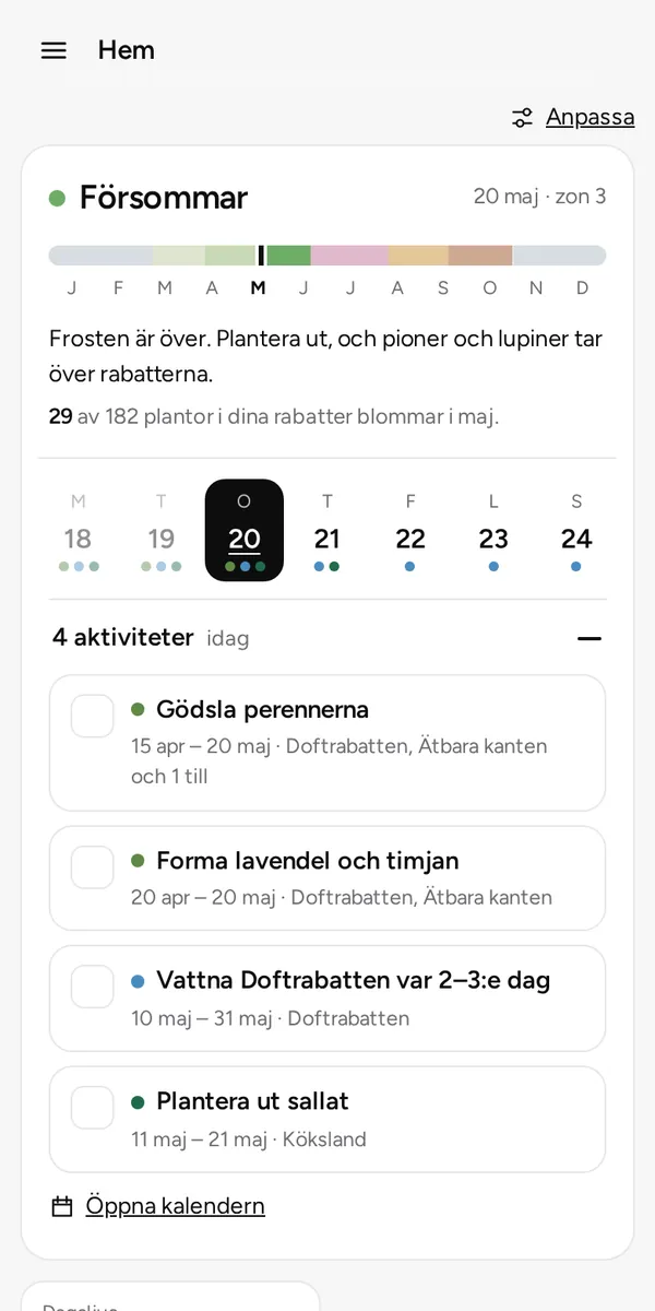 Hem i Rabattplaneraren: säsongen, veckan och dagens uppgifter.