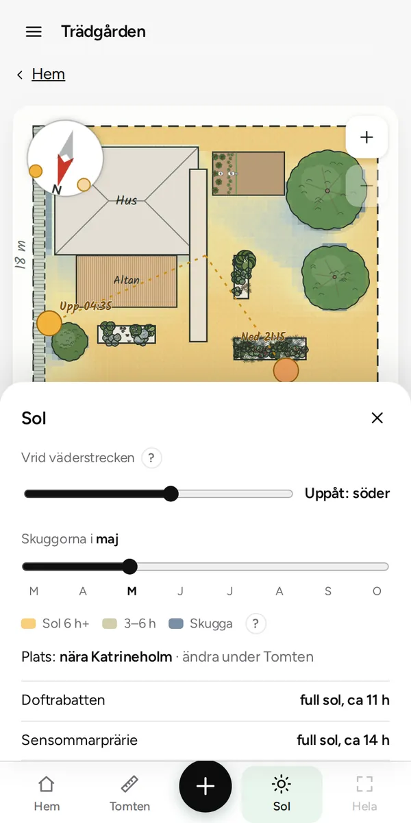 Trädgårdskartan med solkartan: skuggan från huset och träden i maj.